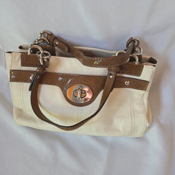 Coach Leather Purse | Cream & Brown Snake-Embossed Trim | Silver Hardware - Picture 2 of 13